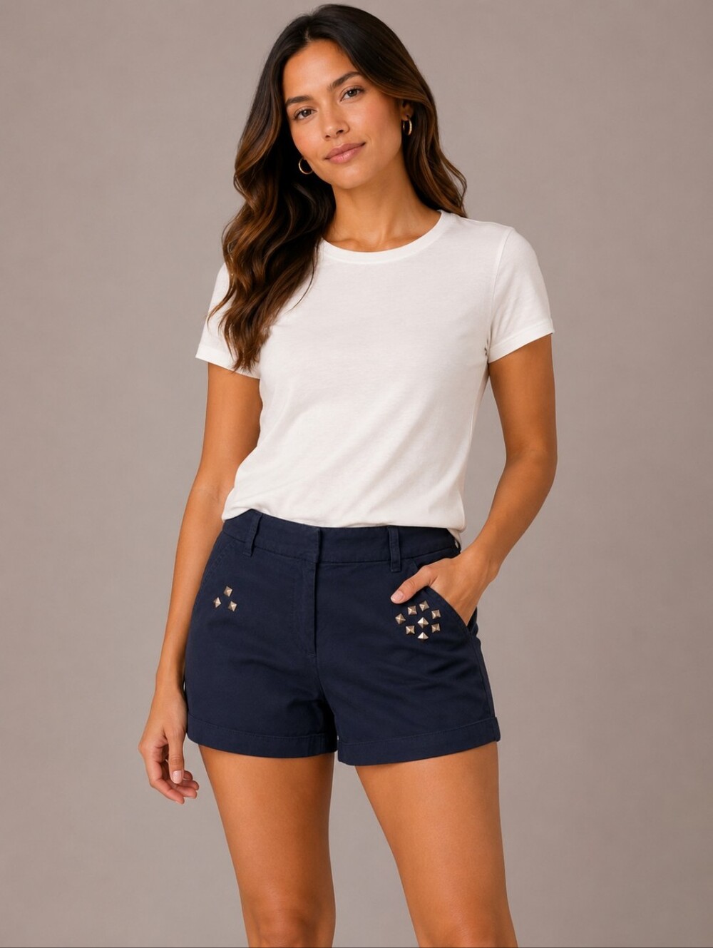 J.Crew Navy Chino Shorts Size 4 Gold Star Studs Flat Front Cotton Preppy Summer
